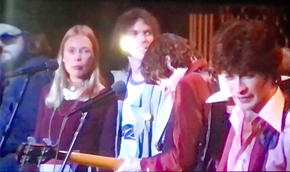on the Last Waltz stage, still from 1978 Doc: L-R: Dr. John, Joni Mitchell, Neil Young, Rick Danko, and Robbie Robertson