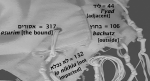 picture of tallit, folded to show four fringes, labeled: asurim [bound] + l'yad [adjacent] + bachutz [outside] + lo nikhla [not impacted] 317+44+106+132= 599
