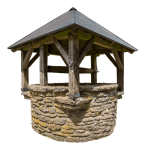 Stone, ancient-looking, well with wooden shelter ovefr it