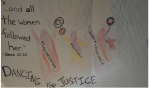 The amateur colored-pencil drawing here shows robed figures with raised timbrels, some of whom are labeled: #BlackLivesMatter, #Dance4Justice, and Silence=Acceptance. Larger text reads: "...and all the women followed her." -- Exod 15:20 DANCING FOR JUSTICE.