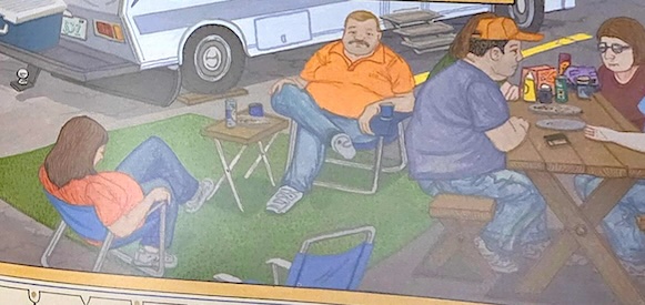 section of larger illustration by Sandow Birk, shows people gathering on folding chairs and picnic tables