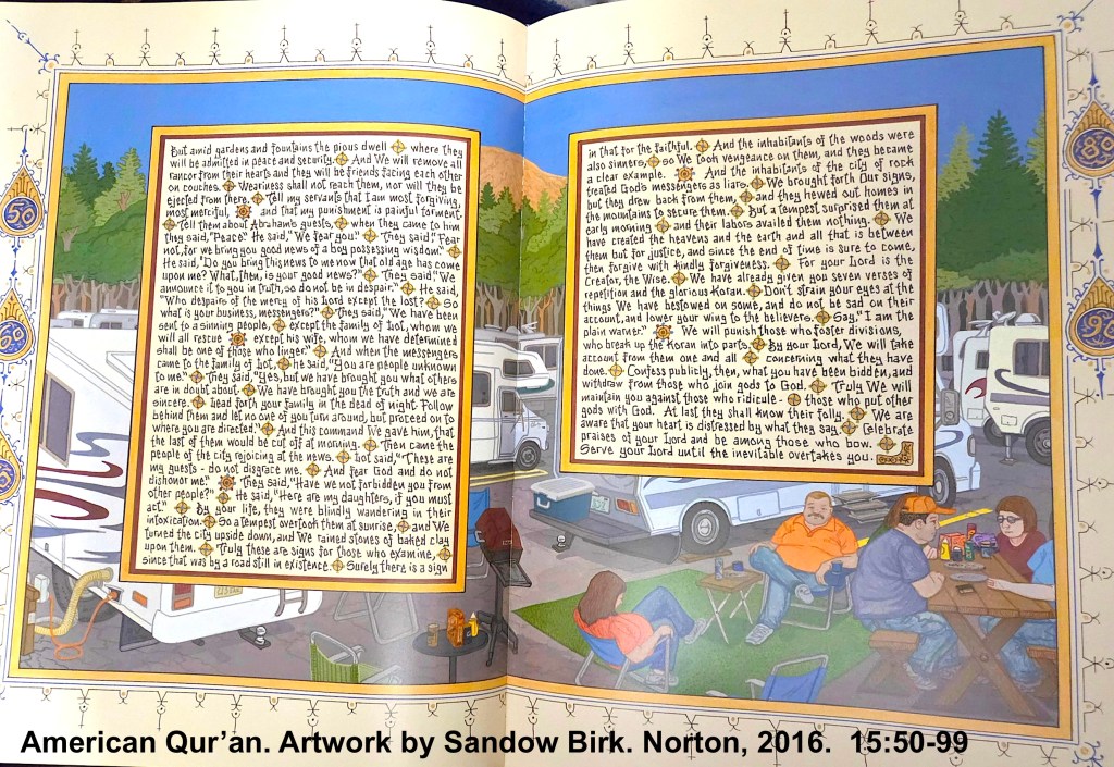 Two pages from the illustrated American Qur'an by Sandow Birk (Norton, 2016). A large picnic area, where contemporary caravans and trucks are parked and people are sharing meals and conversation among the trees.